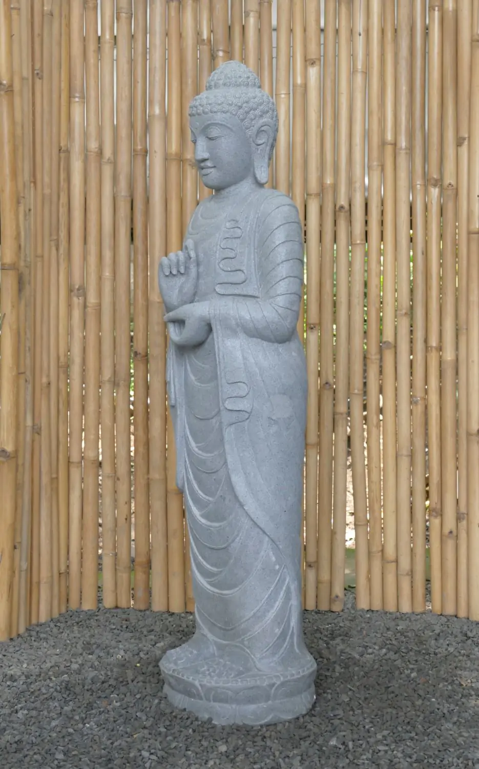  Product image 2 of the product “Standing Buddha made of Riverstone in Dharmachakra position - gesture of wheel of the teaching of Dharma. About 151cm height ”